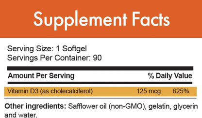 D-Pure Formula Vitamin D3 5000 IU – 125 mcg with Safflower Oil – 90 Soft gel capsule Capsules