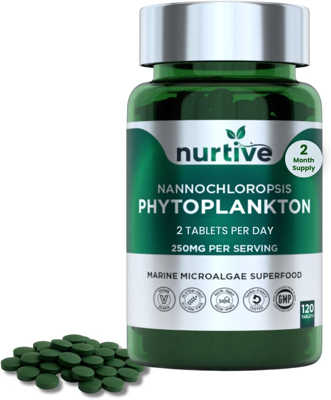 NURTIVE Nannochloropsis Phytoplankton Tablets – 250mg, 120 Tablets - görsel 1