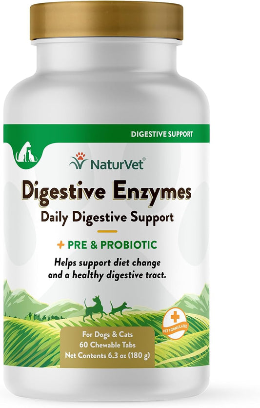 NaturVet Digestive Enzymes - Plus Probiotics & Prebiotics - for Dogs & Cats (Chewable Tablets, 60 Count)