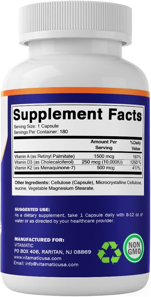 Vitamatic ADK Vitamin Food Supplement, 180 Veg Capsules, High Strength Vitamins A, D3, K2 for Bone Health, Calcium Absorption, Non-GM, Gluten-free - görsel 8