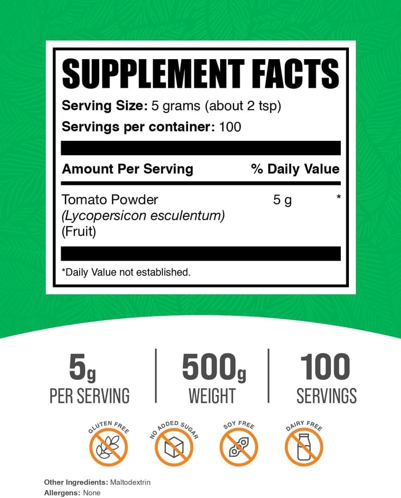 BulkSupplements.com Tomato Powder - Ground Tomato Powder for Cooking - Vegan & Gluten-free, 5g per Serving, 500g (Pack of 1) - görsel 2