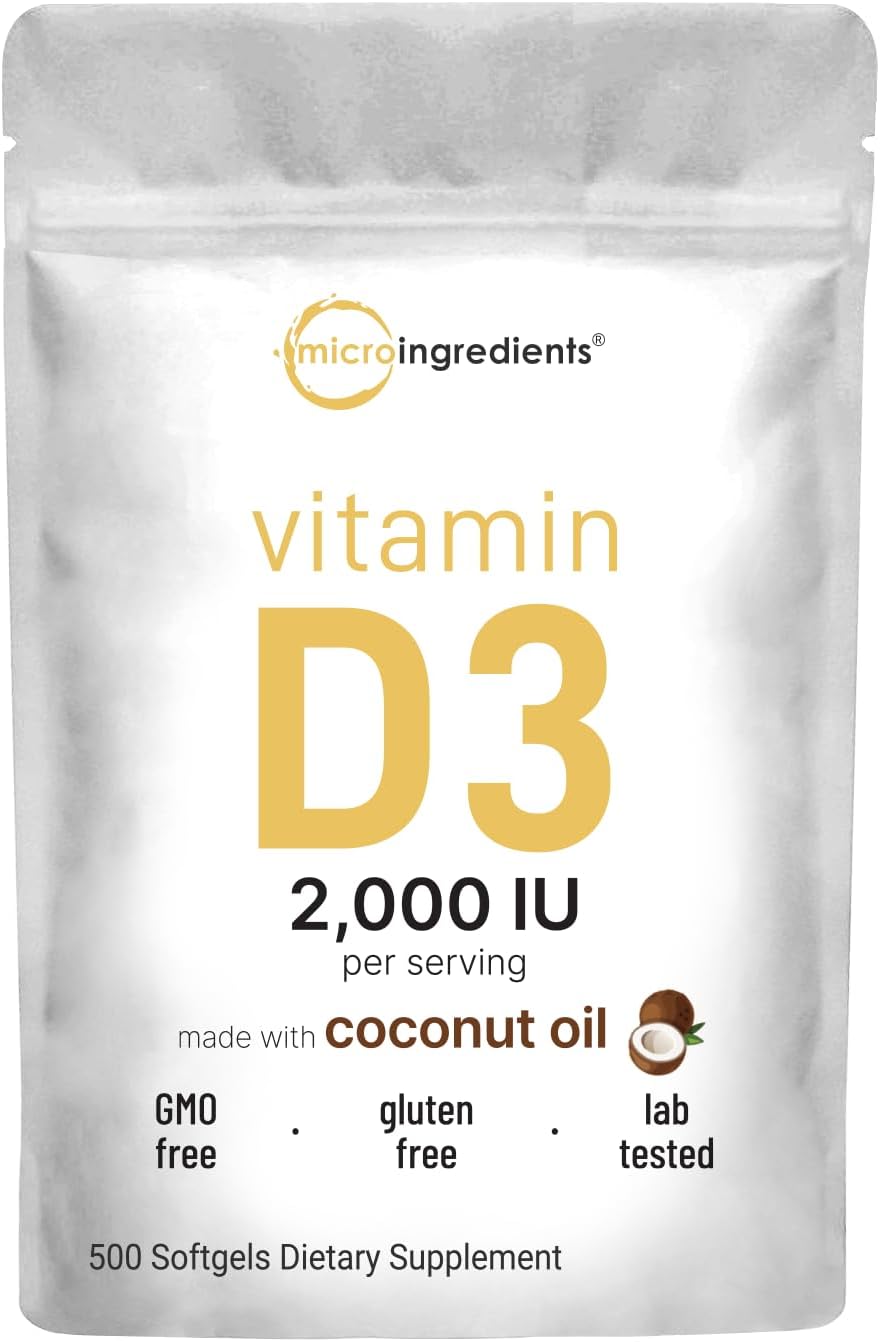 Micro Ingredients Vitamin D3 2,000 IU, 500 Soft gel capsules | Virgin Coconut Oil | Cholecalciferol Form | Bone, Immune & Heart Support | Easy to Swallow, Non-GMO - görsel 1