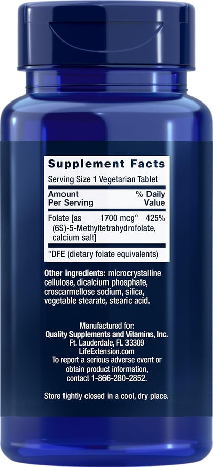 Life Extension Optimised Folate (L-Methylfolate) 1700 mcg, 180 Veg Tablets (Pack of 2)
