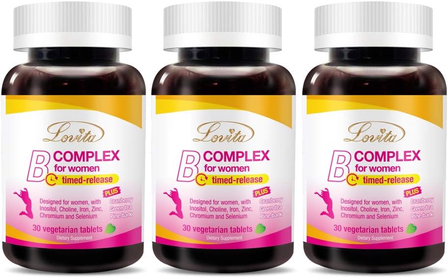 LOVITA High Potency Vitamin B Complex for Women – Time Release with Iron, Vitamin C, Cranberry, Pine Bark, Green Tea (Pack of 3, 90 Tablets) - görsel 1