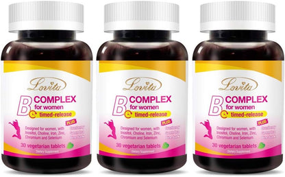 LOVITA High Potency Vitamin B Complex for Women – Time Release with Iron, Vitamin C, Cranberry, Pine Bark, Green Tea (Pack of 3, 90 Tablets)