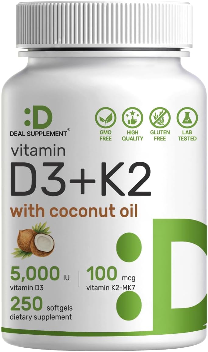 DEAL SUPPLEMENT Vitamin D3 5,000 IU + K2 MK7 100mcg Soft gel capsules | 2-in-1 Complex with Virgin Coconut Oil | Supports Heart, Bone, Teeth & Immune Health | Easy to Swallow - görsel 1
