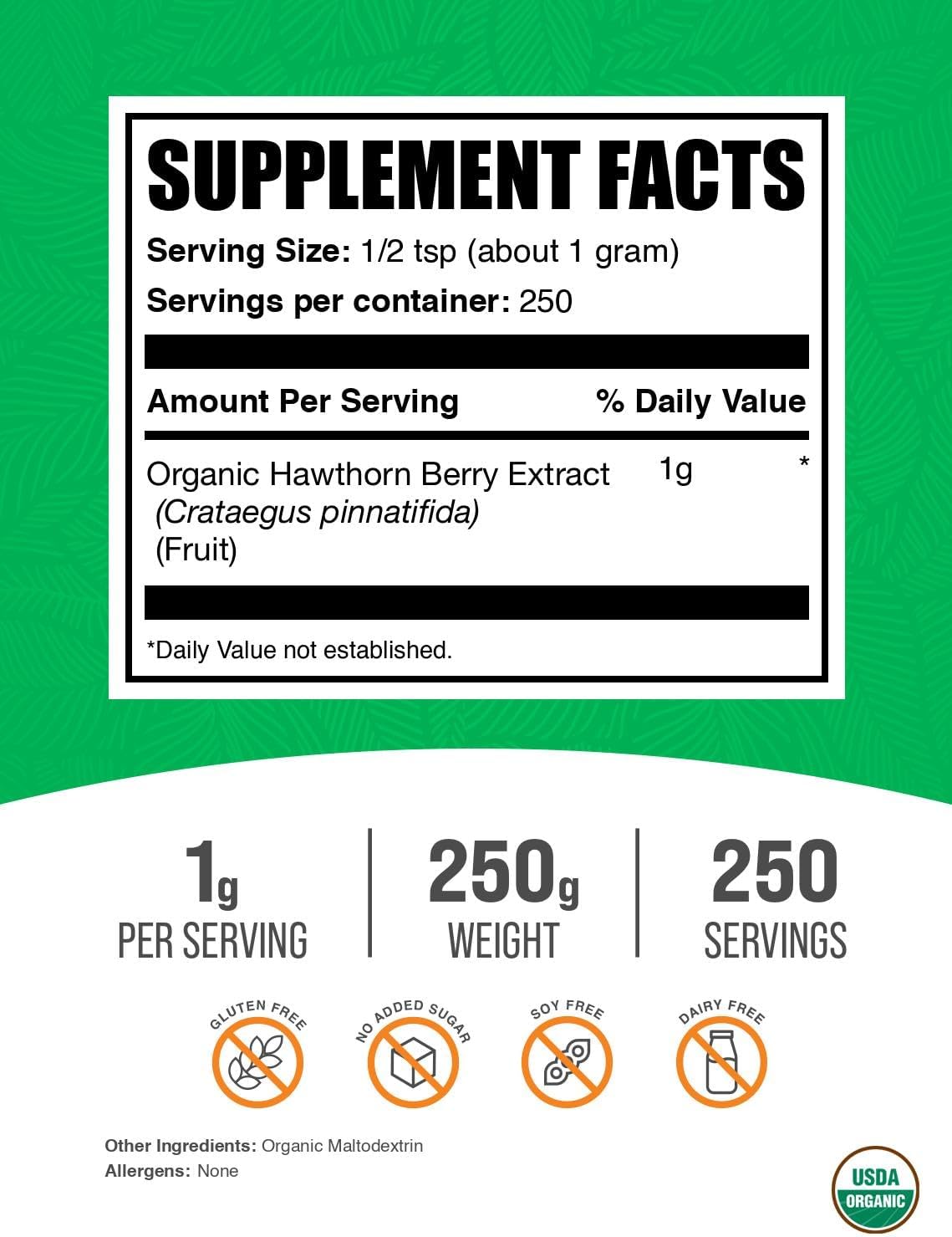 BulkSupplements Organic Hawthorn Berry Extract Powder - 250g - Gluten-free, 1g per Serving - görsel 2