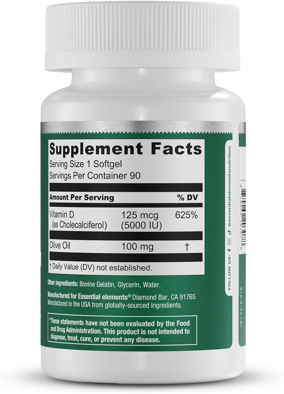 Essential Elements Vitamin D3 5000 IU – Soft gel capsules with Olive Oil – Bone, Muscle and Immune Support – 90 Soft gel capsules - görsel 6
