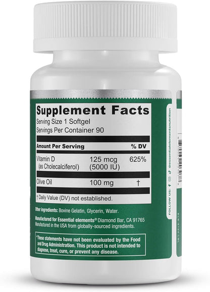 Essential Elements Vitamin D3 5000 IU – Soft gel capsules with Olive Oil – Bone, Muscle and Immune Support – 90 Soft gel capsules