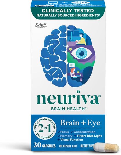 NEURIVA Brain + Eye Supplement for Memory, Focus & Concentration, 90 Capsules (3 Pack)