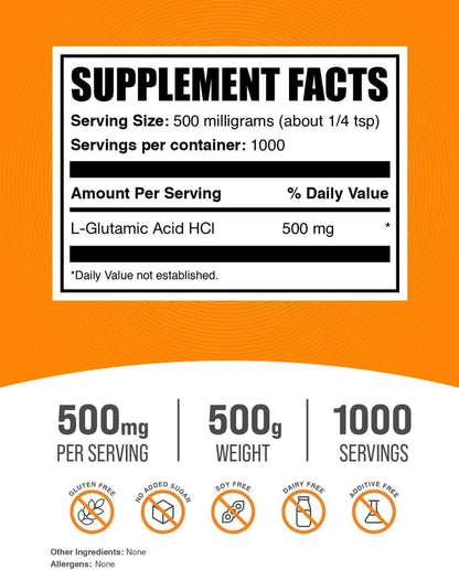 L-Glutamic Acid HCl Powder - Amino Acid Supplement (500g)