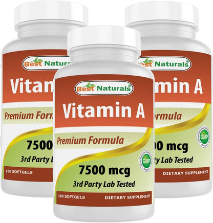 Best Naturals Vitamin A 25000 IU (7500 mcg) – Non-GMO, Contributes to Normal Vision and Immune Function, 180 Softgels (Pack of 3)