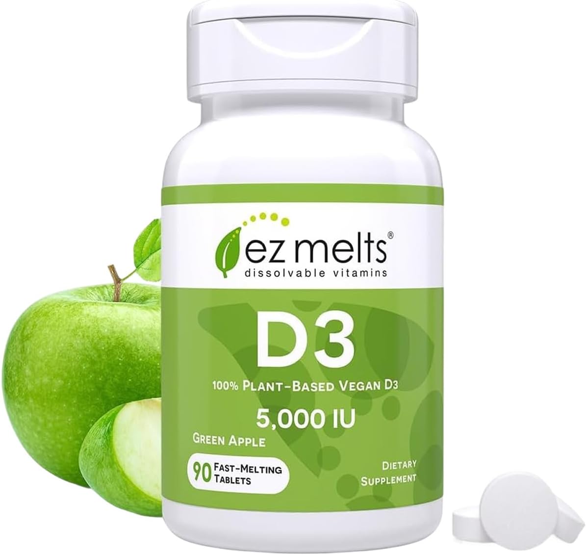 EZ Melts Vitamin D3 5,000 IU - Dissolvable Tablets, Vegan, Non-GMO - Green Apple - görsel 1