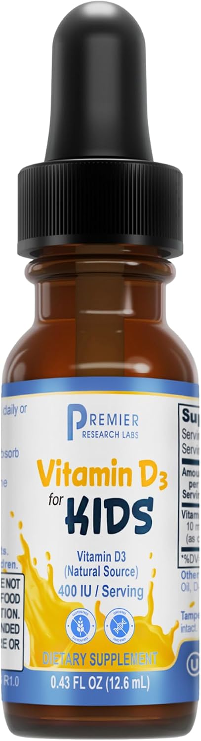 Premier Research Labs Vitamin D3 for Kids - Vitamin D Drops for Children, Kids Liquid Vitamin D, 400 IU Per Serving, Supports Healthy Brain Development - 0.43 fl oz