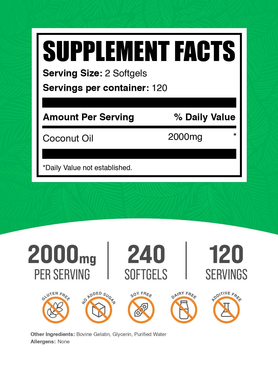 BulkSupplements.com Coconut Oil Softgels - Cold Pressed Coconut Oil for Hair and Skin Support, Herbal Supplement - Gluten-Free, 2 Softgels per Serving (2000mg), 240 Count (Pack of 1) - görsel 2