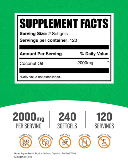 BulkSupplements.com Coconut Oil Softgels - Cold Pressed Coconut Oil for Hair and Skin Support, Herbal Supplement - Gluten-Free, 2 Softgels per Serving (2000mg), 240 Count (Pack of 1)