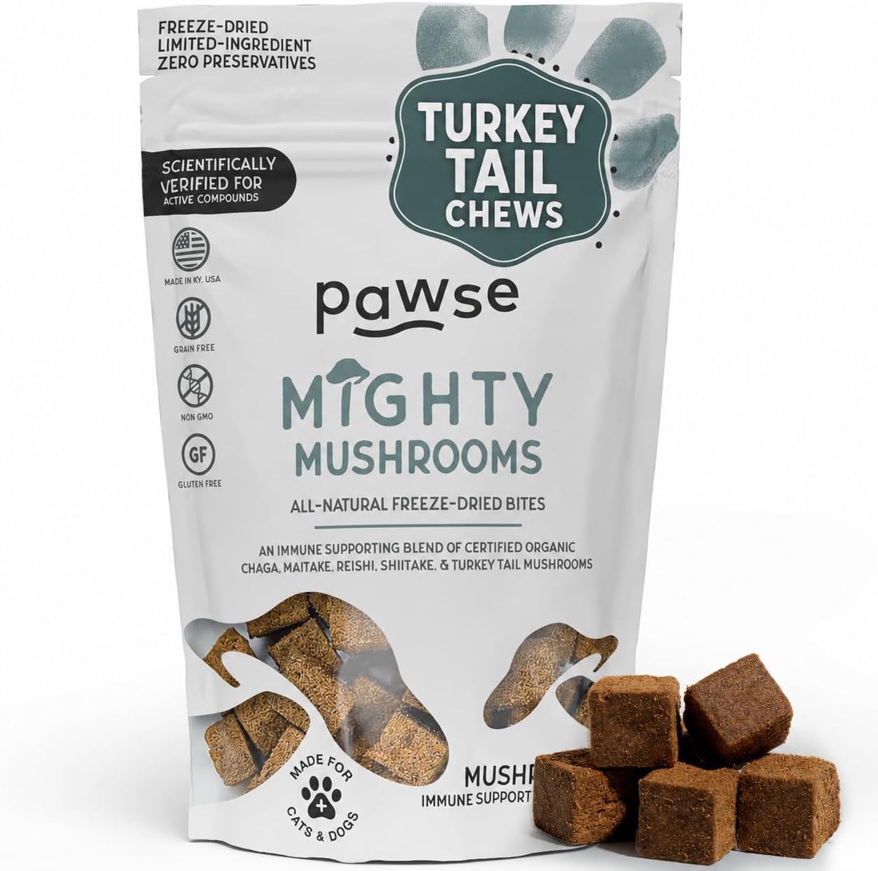 Pawse Mighty Mushroom Chews Food Supplement for Dogs & Cats | Blend of Turkey Tail, Reishi, Chaga, Maitake & Shiitake | for Immune System, Lumps & Bumps, Gut Health & Skin Support | 60 Chews - görsel 1