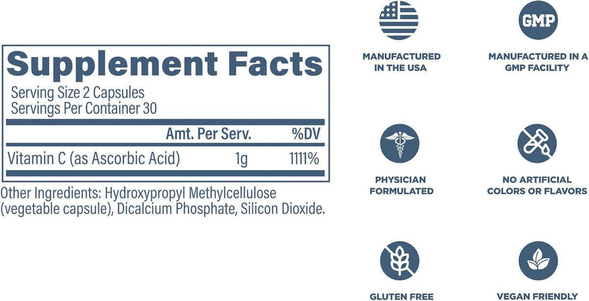 Revive MD Vitamin C 1000mg - High-Potency Ascorbic Acid Supplement for Immune Support & Antioxidant Health - Non-GMO, No Fillers (200 Vegetarian Capsules) - görsel 6