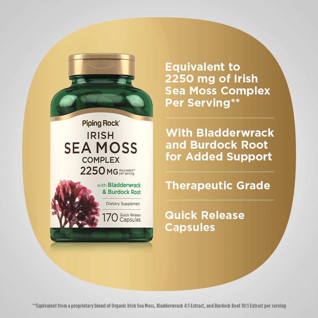 Piping Rock Irish Sea Moss Capsules | 170 Capsules | Complex with Bladderwrack & Burdock Root | Non-GM, Gluten-free Supplement - görsel 4