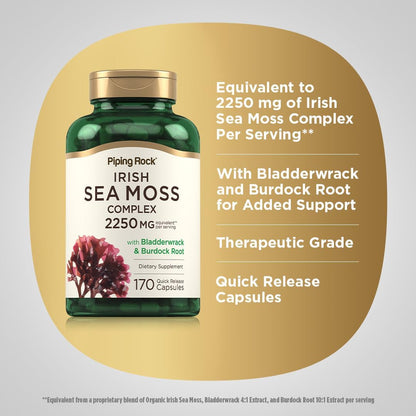 Piping Rock Irish Sea Moss Capsules | 170 Capsules | Complex with Bladderwrack & Burdock Root | Non-GM, Gluten-free Supplement