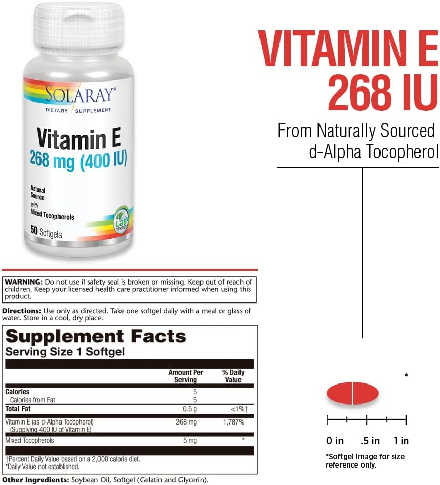 SOLARAY Vitamin E d-Alpha Tocopherol 268mg (400 IU) – Heart & Skin Health, Antioxidant Support (50 Softgels) - görsel 3