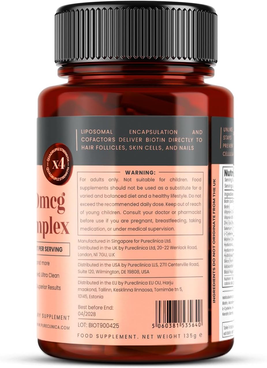 pureclinica 400% Strength Biotin 40,000mcg - 90 Caplets - BioVOL² Liposomal Biotin Complex with Marine Collagen, Keratin, Vitamin C and More - 3-Month Supply - görsel 7