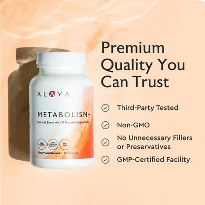 Alaya Naturals Metabolism+, Natural Energy with Green Tea, Cinnamon, Beet Root, Caffeine, Non-GMO – 90 Capsules