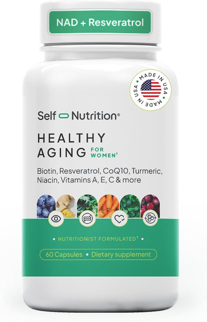 SELF NUTRITION NAD+ Resveratrol Supplement for Women – Healthy Ageing Formula with CoQ10, Biotin, Turmeric & Vitamins A, C, E – Supports Energy, Skin & Longevity – 60 Capsules. Made in the USA.