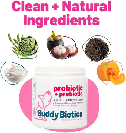 Probiotic + Prebiotic Powder for Dogs – 7 Probiotic Strains with FOS, 5 Billion CFU