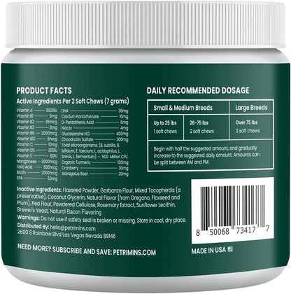 PetriMins 23-in-1 Dog Multivitamin with Glucosamine & Omega-3, 90 Soft Chews (Bacon)