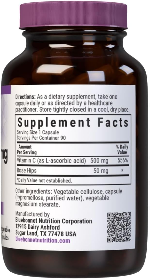 Bluebonnet Nutrition Vitamin C 500 mg Plus Rose Hips, 90 Vegetable Capsules - görsel 2