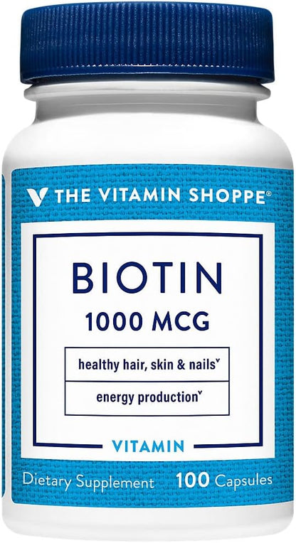 The Vitamin Shoppe Biotin 1 mg – High Potency Vitamin B7 for Hair, Skin and Nail Support (100 Capsules)