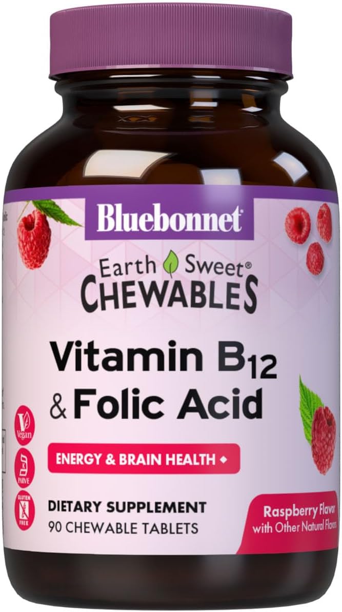 Bluebonnet Nutrition Earth Sweet Vitamin B12 & Folic Acid Chewable Tablets - Raspberry, 90 Tablets - görsel 1