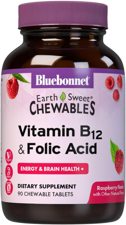 Bluebonnet Nutrition Earth Sweet Vitamin B12 & Folic Acid Chewable Tablets - Raspberry, 90 Tablets