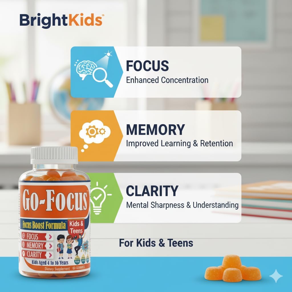 BrightKids Omega-3 & DHA Focus Gummies for Kids - Memory and Brain Health Supplement, Low Sugar, Natural Fruit Flavour, 60 Count - görsel 2