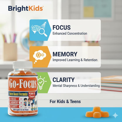 BrightKids Omega-3 & DHA Focus Gummies for Kids - Memory and Brain Health Supplement, Low Sugar, Natural Fruit Flavour, 60 Count