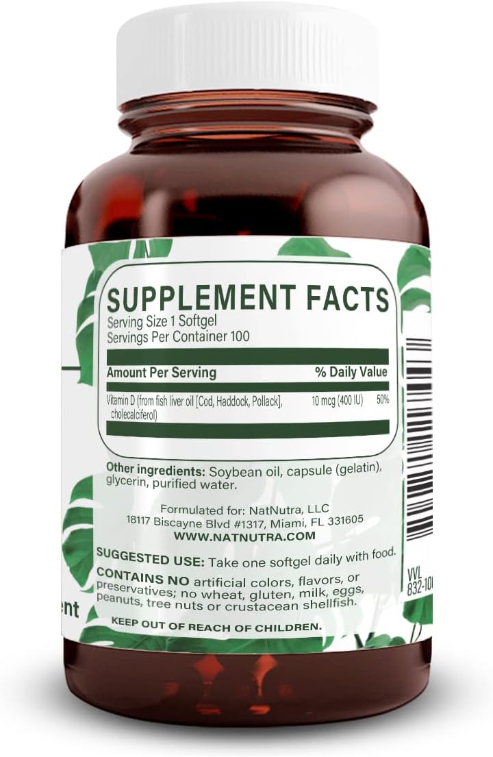Natural Nutra 100 Vitamin D3 400 IU Softgels – Immune, Bone & Teeth Health Support - görsel 2