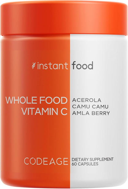 Codeage Whole Food Vitamin C Food Supplement - Acerola Cherry, Camu Camu, Amla Berry & Rose Hips Blend - Citrus Bioflavonoids - 500mg Vitamin C - Non-GMO - 60 Capsules