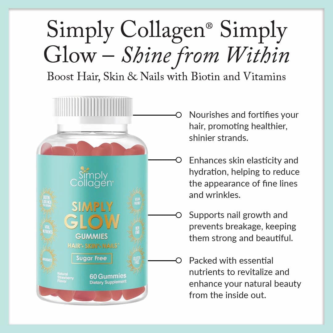 Simply Collagen Simply Glow Hair, Skin & Nails Gummies – Vegan, Sugar-Free, Gluten-free – Biotin 5000 mcg – 60 Count - görsel 6