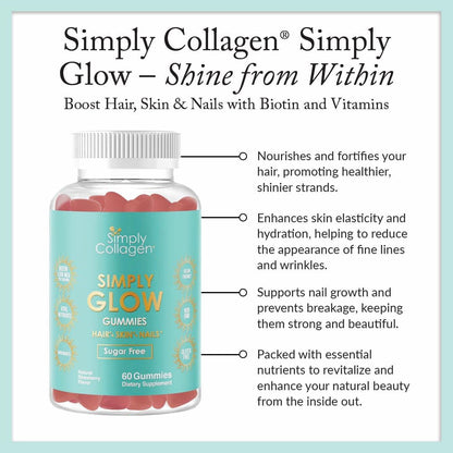 Simply Collagen Simply Glow Hair, Skin & Nails Gummies – Vegan, Sugar-Free, Gluten-free – Biotin 5000 mcg – 60 Count