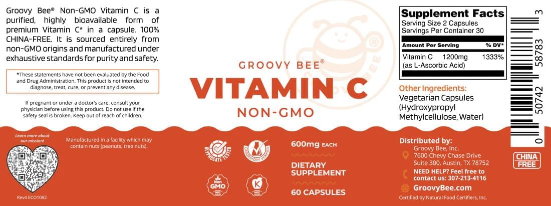 GROOVY BEE Non-GMO Vitamin C (600 mg, 60 Capsules) - görsel 2