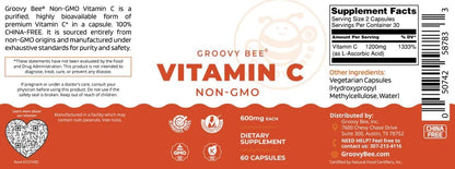 GROOVY BEE Non-GMO Vitamin C (600 mg, 60 Capsules)