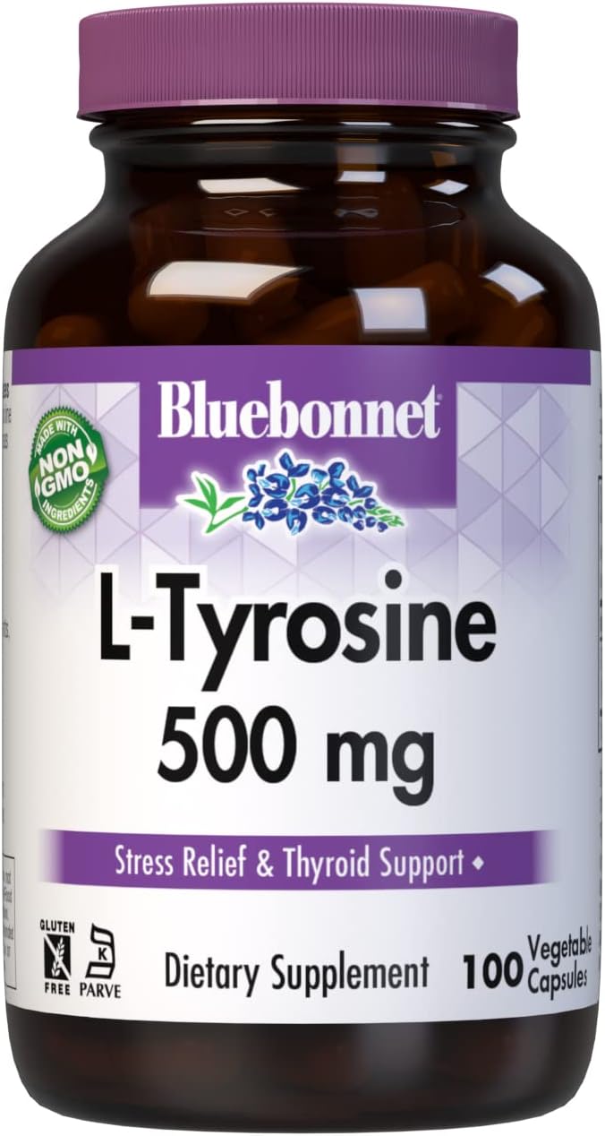 Bluebonnet L-Tyrosine 500 mg, 100 Vegan Capsules - Free-Form Amino Acid Food Supplement - görsel 1