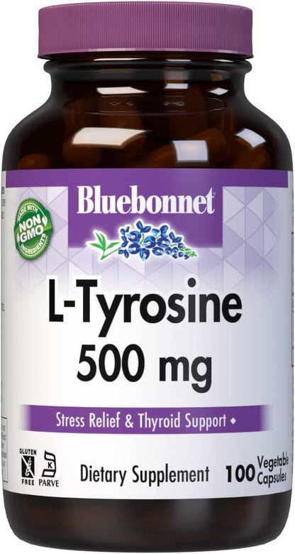 Bluebonnet L-Tyrosine 500 mg, 100 Vegan Capsules - Free-Form Amino Acid Food Supplement
