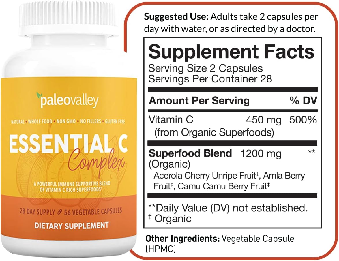 Paleovalley Essential C Complex - Organic Vitamin C Supplement for Immune Support, 450mg - Whole Food Acerola Cherry, Camu Camu, Amla Berry - No Synthetic Ascorbic Acid - USA-made - görsel 2