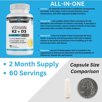Staver Health Vitamin K2 and D3 with Calcium and Bioperine