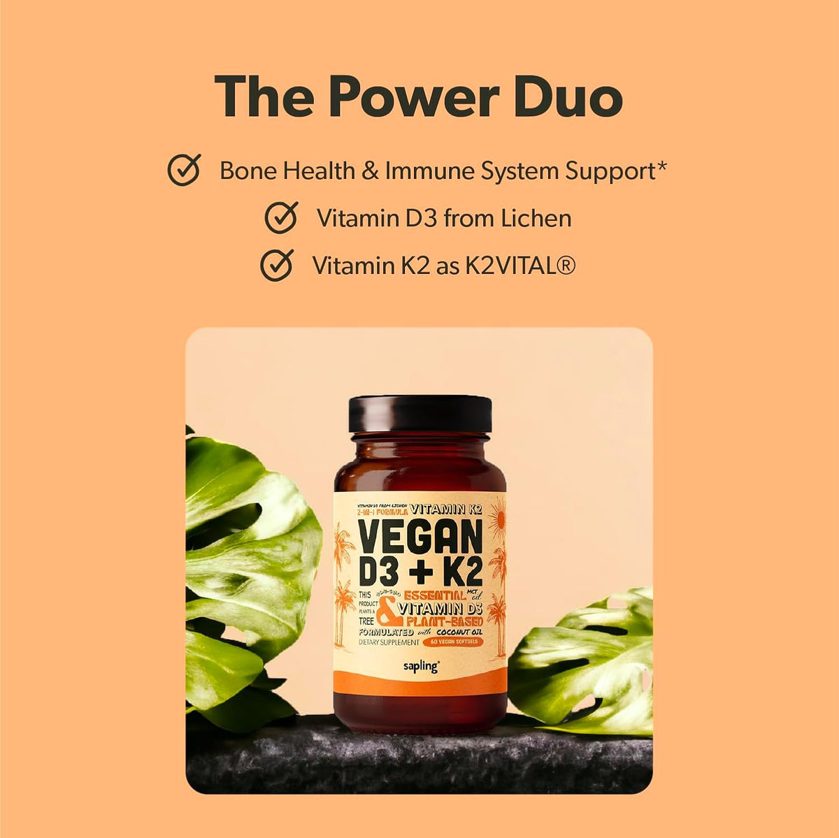 sapling Vegan Vitamin D3 + K2 Food Supplement – 4000 IU Vitamin D, 100mcg Vitamin K2 (MK-7) with MCT Oil – 60 Softgels - görsel 2