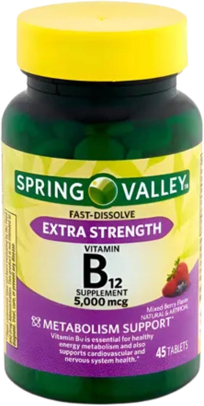 Extra Strength Vitamin B12 5000 mcg Fast Dissolve Tablets – Mixed Berry, 45 Tablets (Pack of 2)