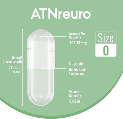ATNreuro Size 0 Empty Vegan Capsules with 2 Micro Spoons - 1000 Count