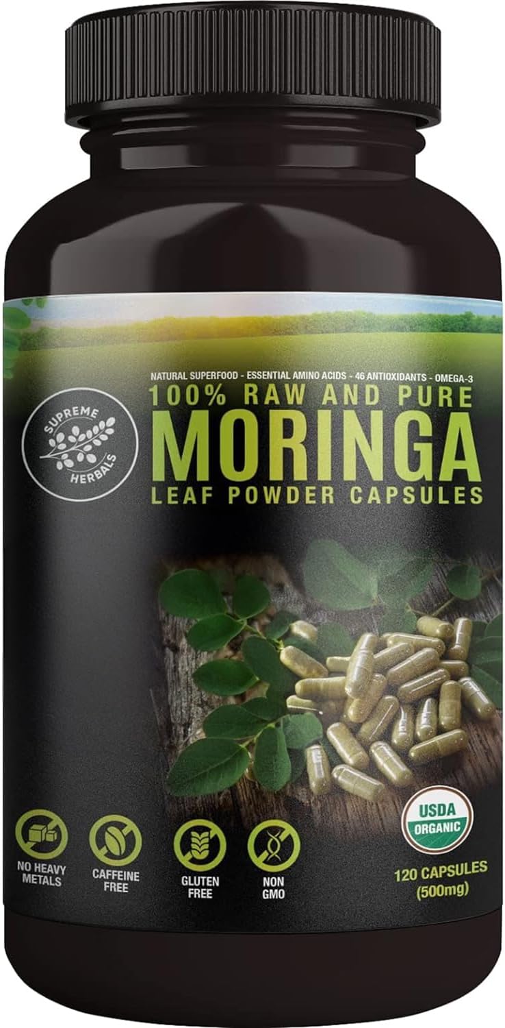 Organic Moringa Capsules – 100% Raw Leaf Powder, 500mg, 120ct - görsel 1